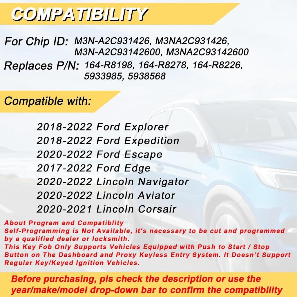 Замена брелока для Ford Explorer Expedition 2018 г./ Escape 20-22 гг. и Lincoln Navigator Aviator/ Edge 17-22 гг./ Corsair 20-21 гг., Автомобильный брелок дистанционного управления с бесключевым доступом,