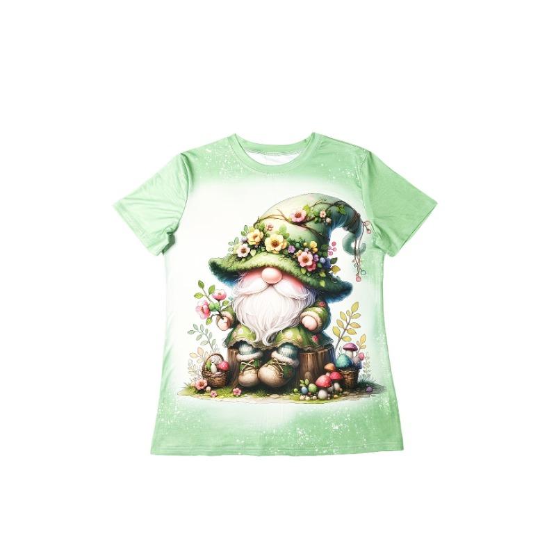 Crew Neck Short Sleeve Cute Gnome Bee Floral Print T Shirt Women's Outfits Casual Daily Wear