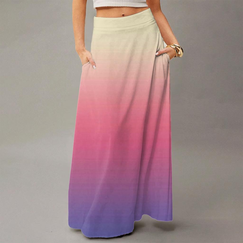 Women's Casual Leisure Foldable Gradient Print High Waist With Pocket Draped Relaxed Long Maxi Skirt