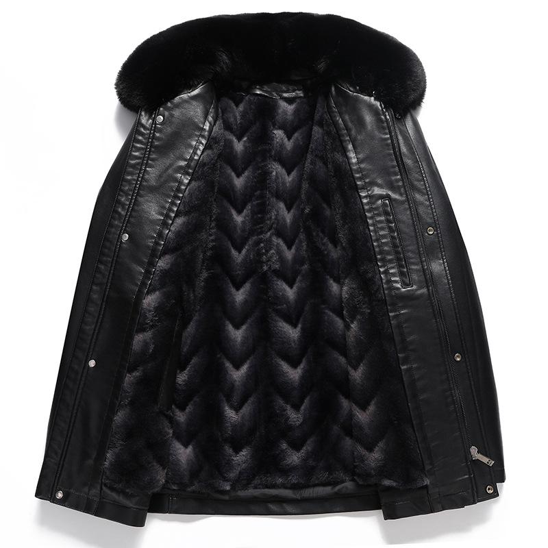 Мужская кожаная куртка средней толщины из флиса, утолщенная кожаная куртка, повседневная деловая кожаная куртка с отложным воротником