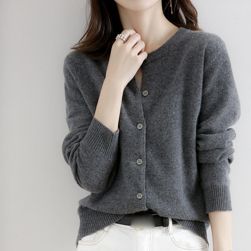 Круглый вырез вязаный кардиган женский осенний иностранный стиль ленивый свободный топ больших размеров корейский свитер куртка