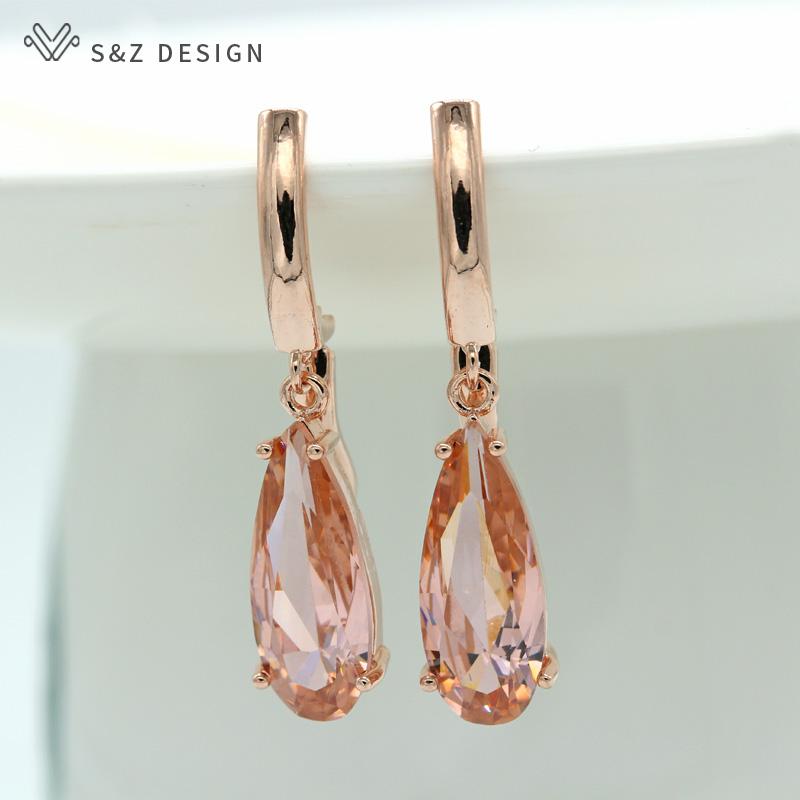 Fashion Long Rose Gold Color Water Drop Cubic Zirconia Dangle Earrings For Women Luxury Wedding Party Jewelry Romantic Gift