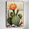 Винтажная металлическая табличка с акварельным рисунком пустынного кактуса, опунция с оранжевыми цветами, кактус сагуаро для украшения стен в пустынном стиле.