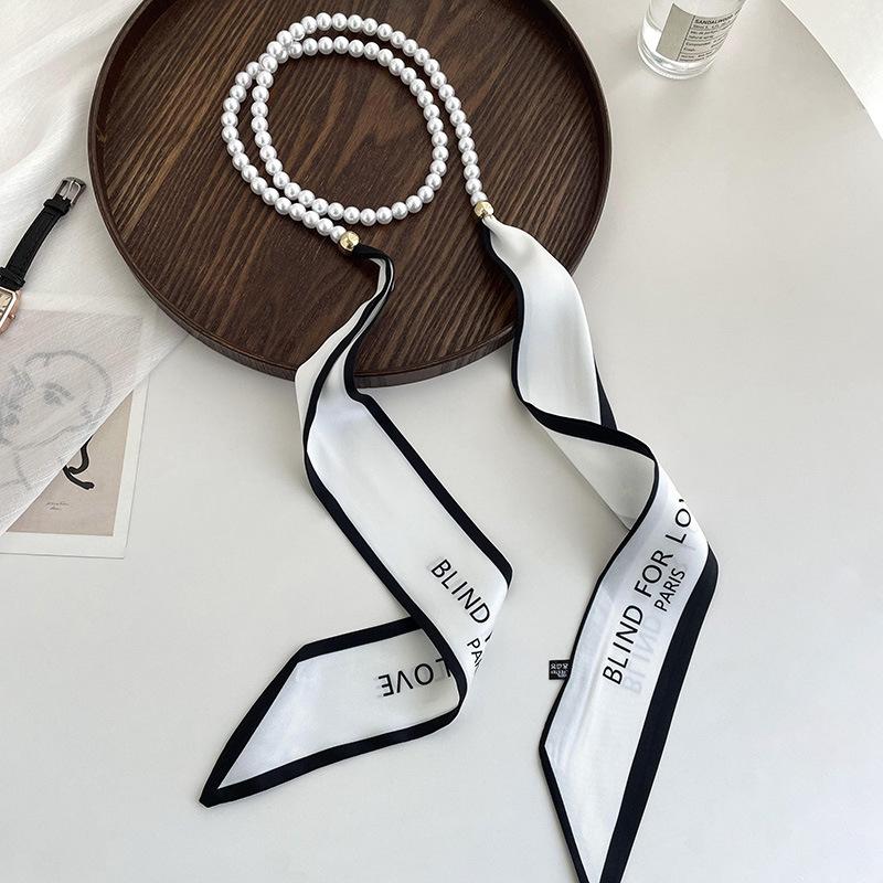 Модный шарф в горошек, пояс для женщин, декоративная отделка жемчугом, шейная лента, элегантные полоски, развевающаяся лента