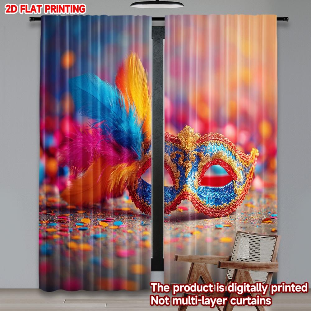 2D flat printing 2pcs Curtain Window Treatment Curtains Carnival Feathered Mask Digital Printed Polyester Drapes Party