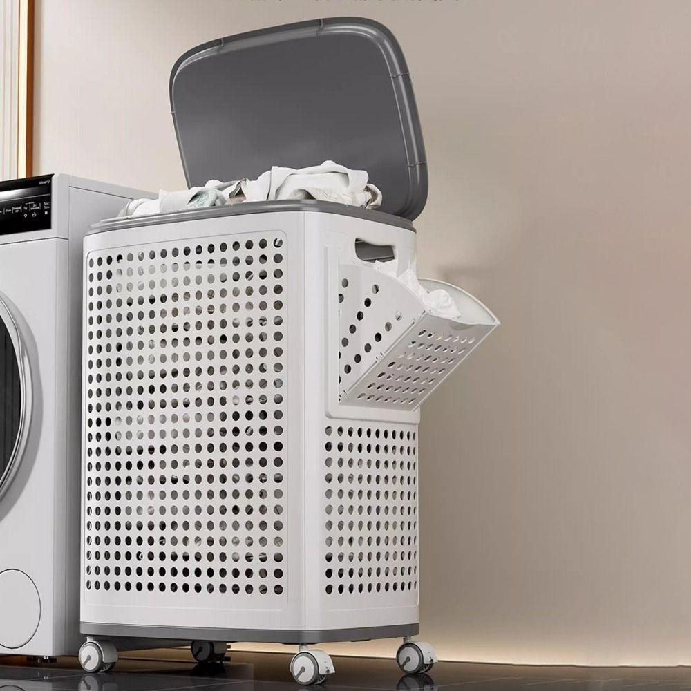 Пластиковая складная корзина для грязного белья Пылезащитная корзина на колесиках для стирки Квартира