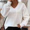 Women's Fashion Casual Fall Winter Solid Color Print Loose Long Sleeve V-Neck Pullovers & Long Sleeves