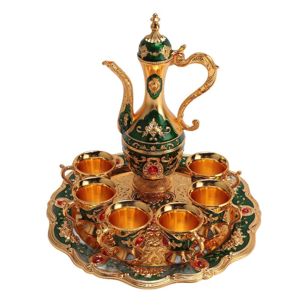 8PCS Zinc Alloy Wine Pot Kit Gold Green Turkish Tea Set Tea Sets Coffee Pot Set Home Party Decor
