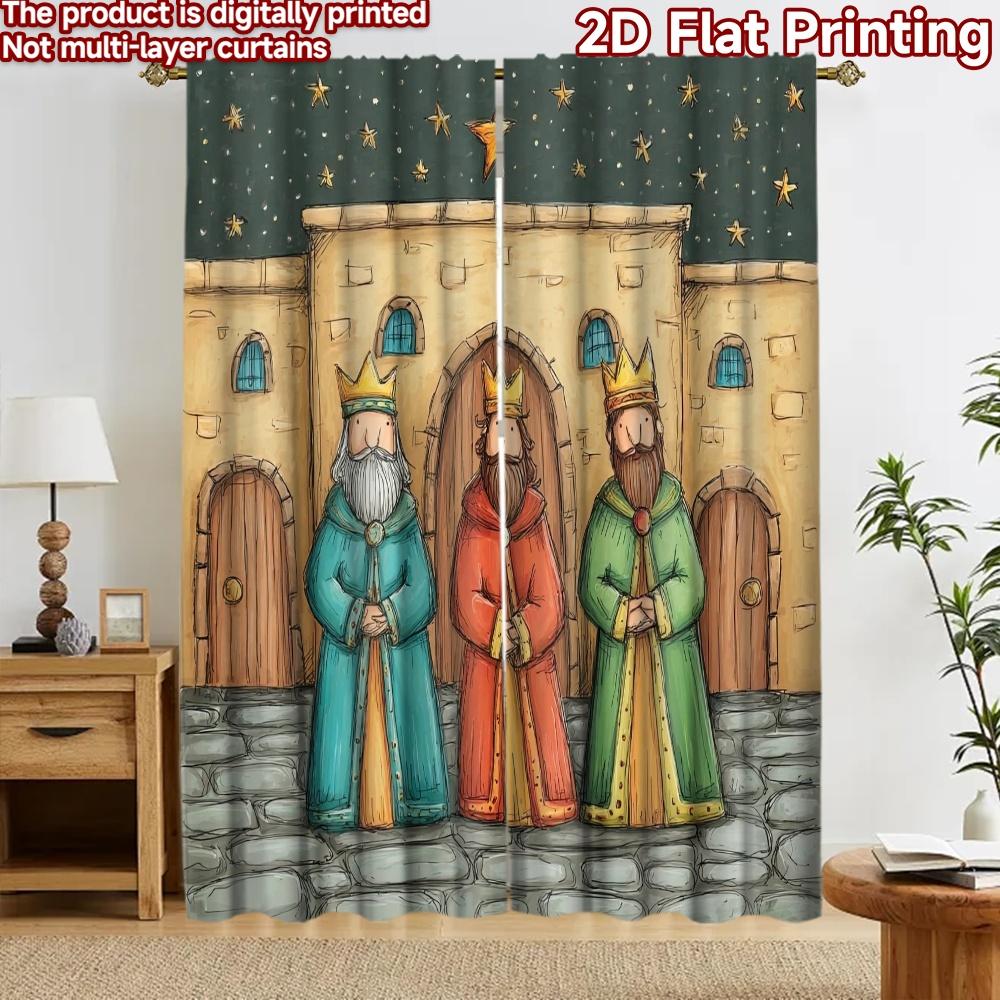 2D flat printing 2pcs Curtain Curtain Christmas Three Wise Men Digital Printed Polyester Drapes Festive Curtains Perfect for