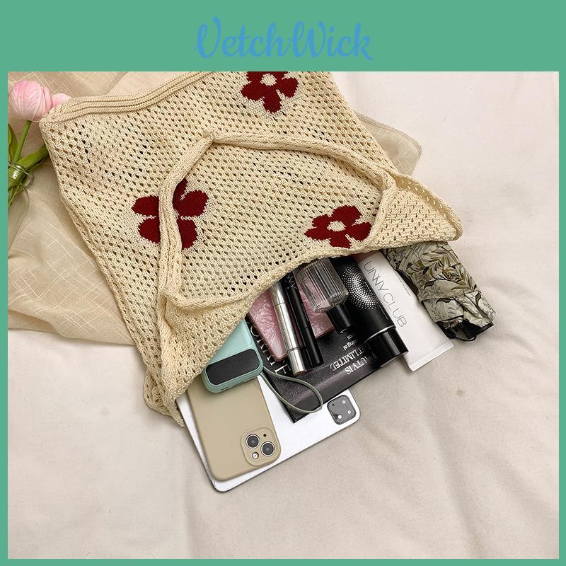 Flower Hollowed Knitting Bag Oversized Casual Tote With Open Top Design And Dual Shoulder Straps For Women