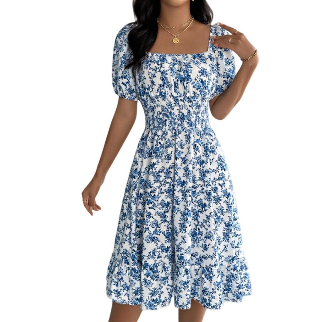 Women's Fashion Floral Print Square Neck Short Sleeve Waisted Ruffled A-Line Skirt