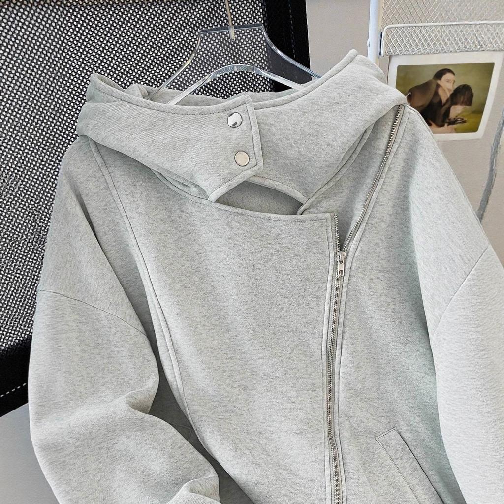 New High Street American Design Irregular Double Zipper Sweatshirt for Women Spring and Autumn Hooded Cardigan Jacket