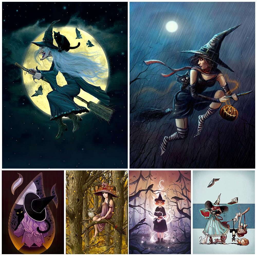 Ведьма и ее кот Настенная картина маслом «Тыквенная ведьма в дождливую ночь» Украшение гостиной