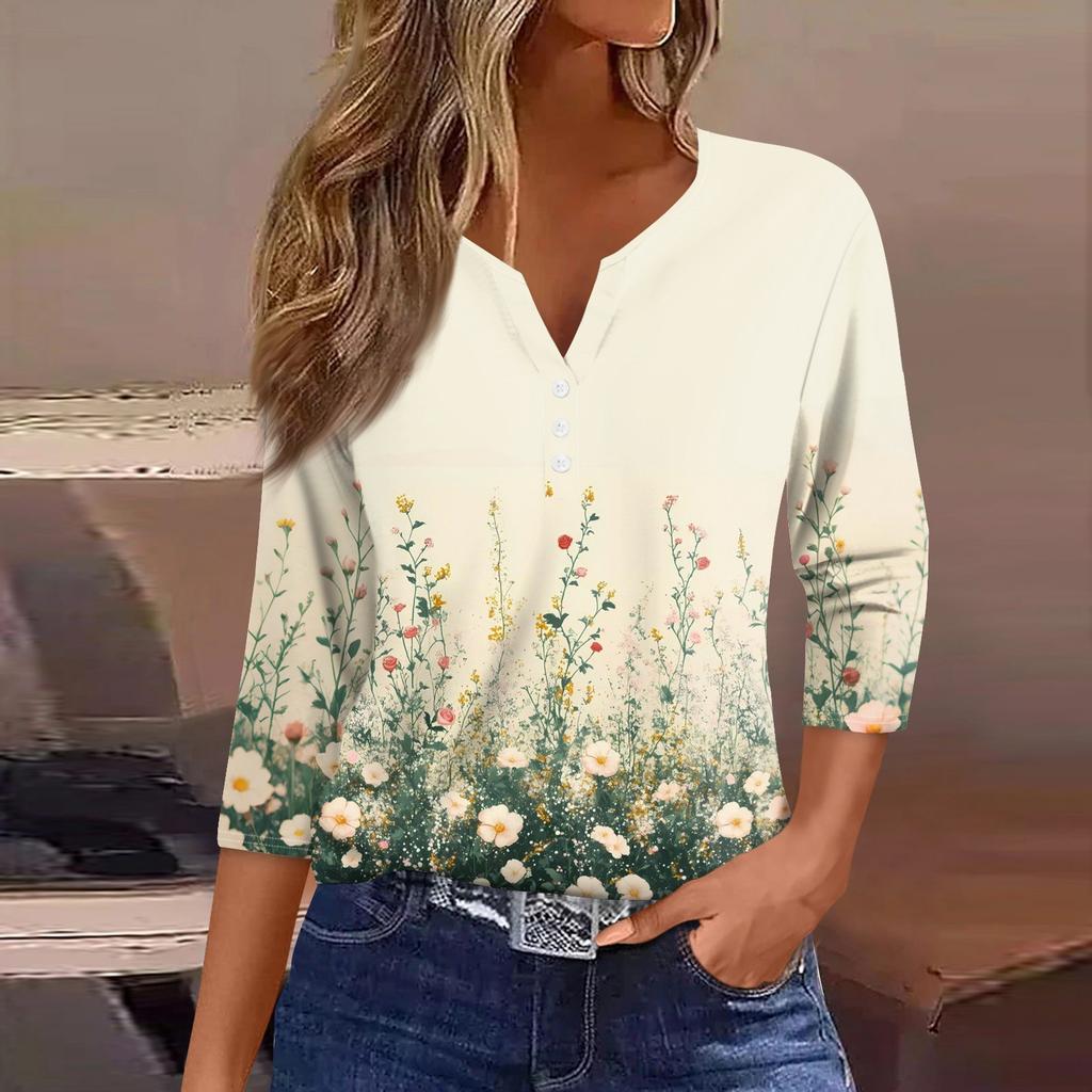 Жен. Футболка С принтом Пуговицы Рукав 3/4 Повседневные Выходные Мода Классический Классический V-образный вырез Обычный Верх