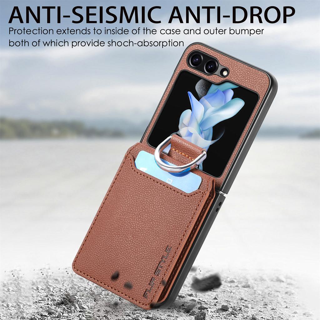 Magnetic Ring Holder Leather Wallet Card Slot Case for Samsung Galaxy Z Flip 5 Z Flip4 Z Flip3 5G Zflip4 Kickstand Vertical Cover