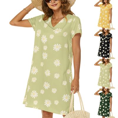 Женское модное платье с V-образным вырезом, коротким рукавом и цветочным принтом, повседневное