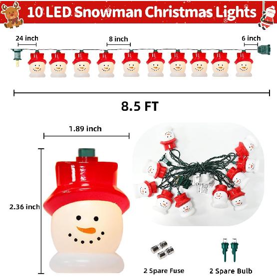 PASUTO 10-Light LED Christmas Snowman String Lights - Waterproof & UL Certified - Perfect for Outdoor and Indoor Use - Ideal for Christmas Tree,