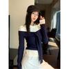 Осень Новинка Корейский стиль Нишевая футболка с длинным рукавом из двух частей темно-синяя с белыми лямками Фактурные топы для женщин