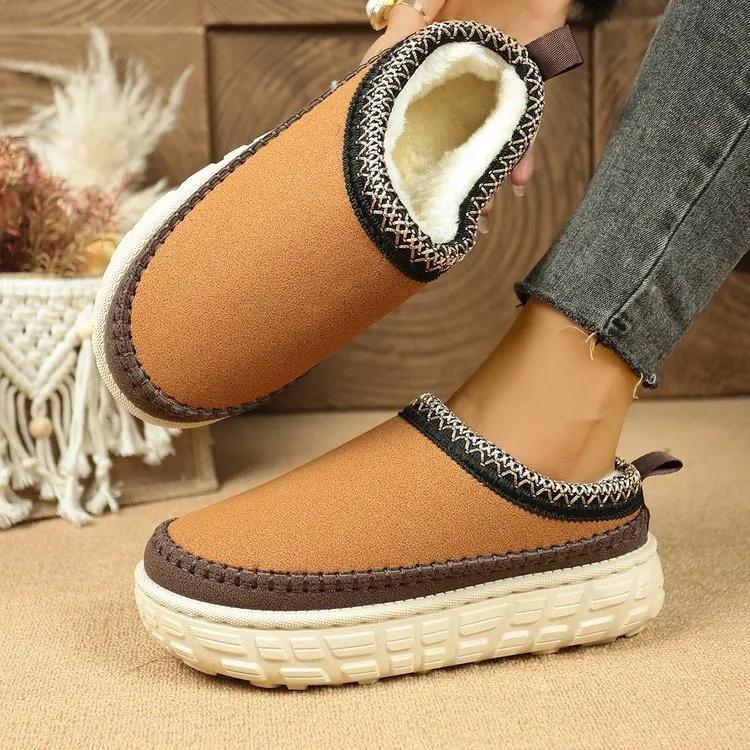 Women's Thick Bottom Snow Boots Fleece Lined Slip-On Slippers Autumn Winter New Style Cotton Plush Clog Slippers