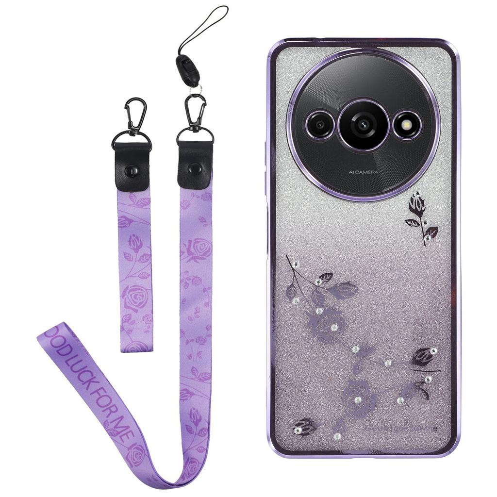 KADEM For Xiaomi Redmi A3 4G/Poco C61 4G Case Soft TPU Flower Glitter Rhinestone Phone Cover with Lanyard
