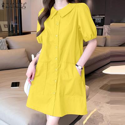 Женское сплошное свободное летнее платье с коротким рукавом и воротником-стойкой