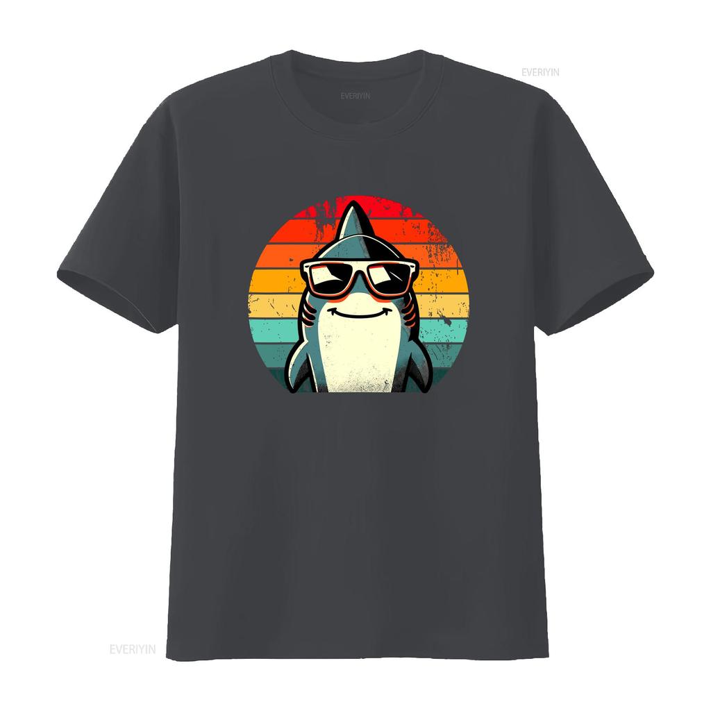 Retro Vintage Cool Cartoon Shark With Sunglasses Sunset Striped Print Casual T Shirt Vintage Slightly Fashion Versatile