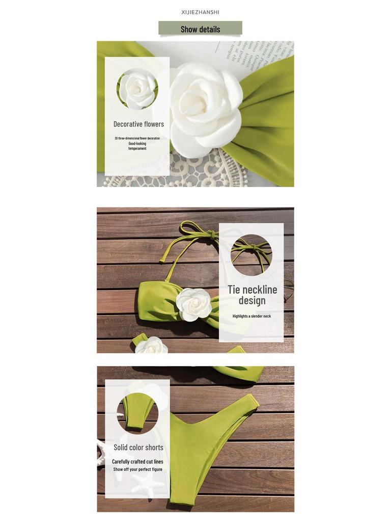 2024 Сексуальный однотонный купальник бикини бандо халтер с цветком, который можно носить двумя способами, для женщин