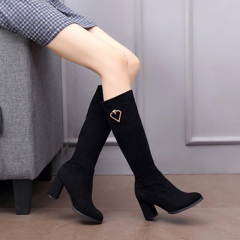 Туфли женские черные на высоком каблуке эластичная обувь зимние женские сапоги выше колена длинные элегантные каблуки горячие со стильным готическим стилем