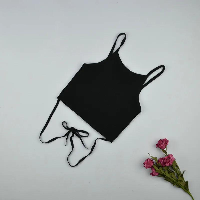 WTEMPO Летние укороченные топы, женские однотонные повседневные бандажные футболки без рукавов, модные черно-белые топы на бретелях на шнуровке