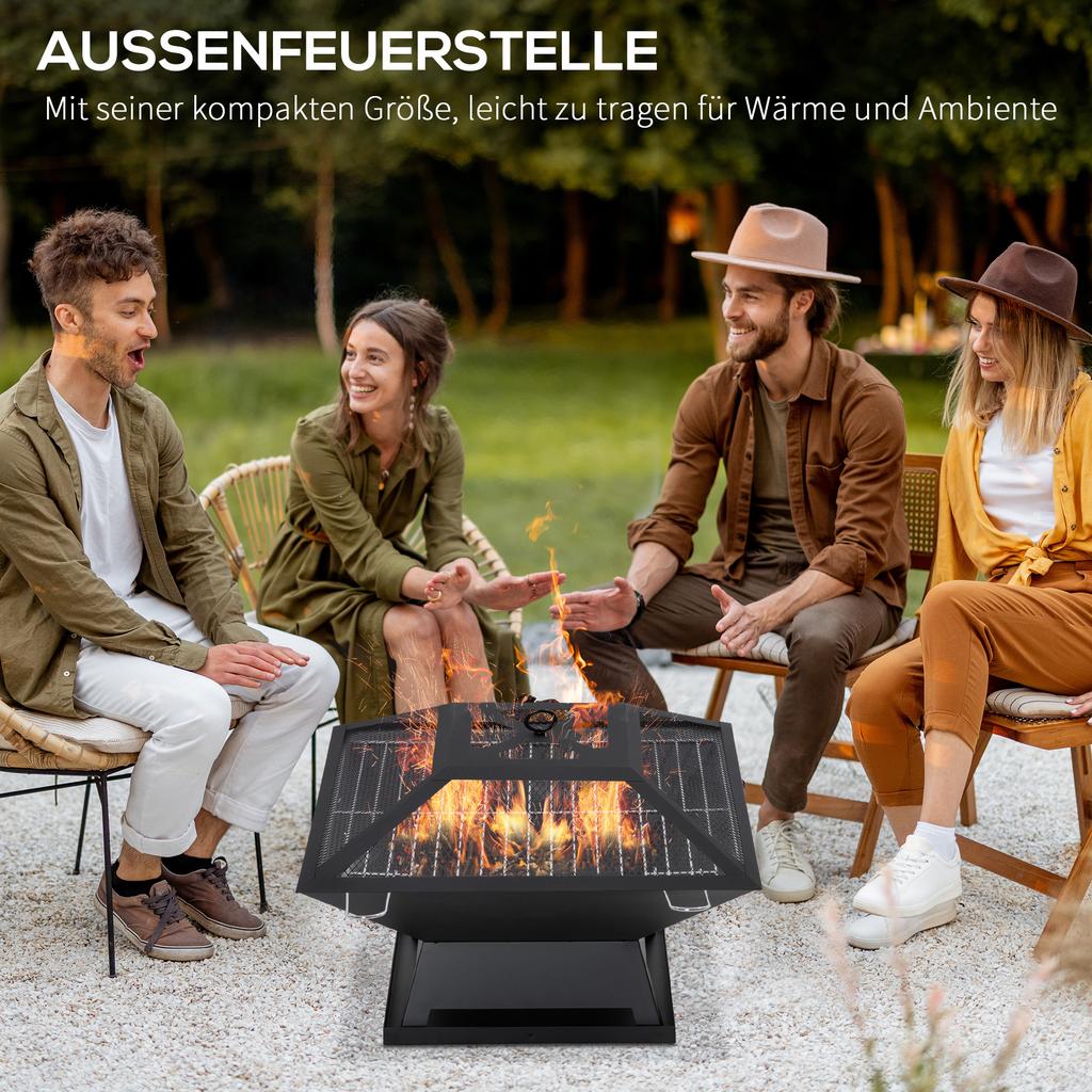 Fire Bowl 45 x 45 x 34cm Made of Stainless Steel Fire Pit with Spark Guard Poker Fire Bowls Fire Basket for Garden, Balcony, BBQ Camping Black