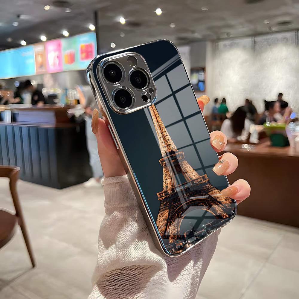 Чехол для телефона Эйфелева башня для iPhone 17 Pro Max 15 Pro 16 14 Plus 12 13 Mini 11 Pro Ударопрочный Электрооplated Стеклянная крышка