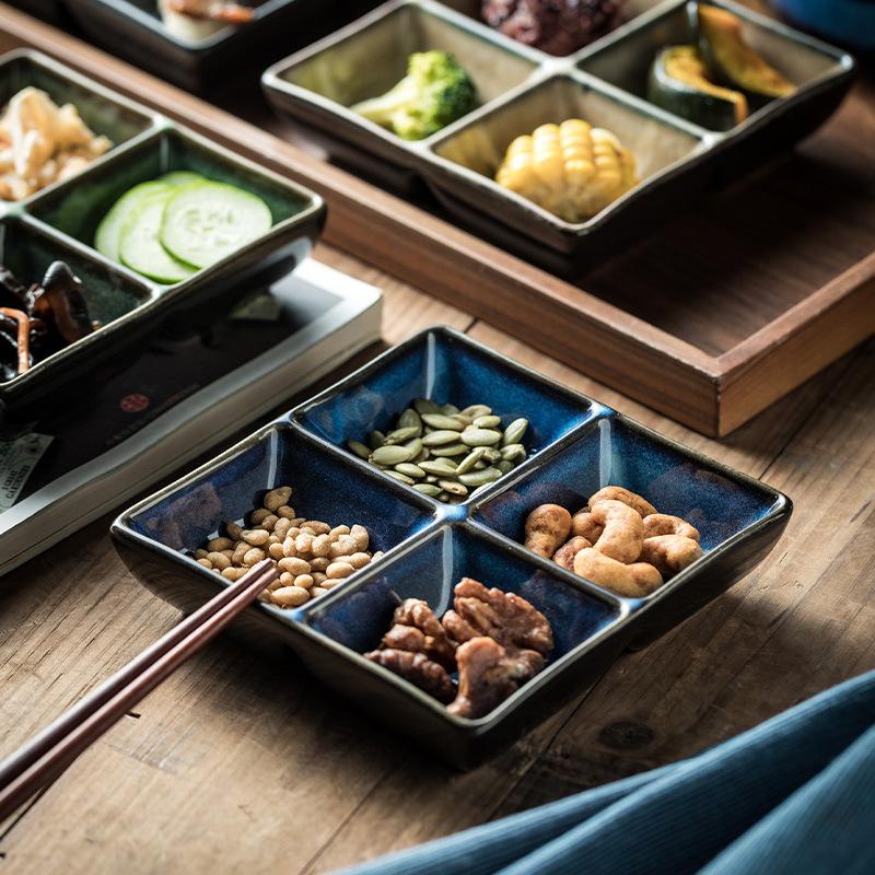 Керамическое квадратное блюдо для приправ в японском стиле с четырьмя отделениями, блюдо для подачи хот-пота, соус для барбекю