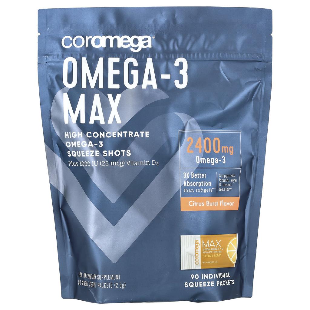 Omega 3 Max, High Concentration Omega 3 Squeeze Shot, Citrus Burst, 90 Packets, 2.5G Each