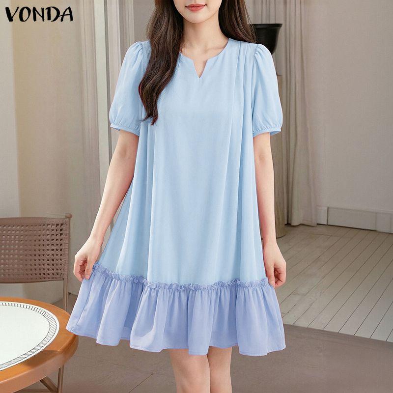 VONDA Летнее женское короткое платье-туника с коротким рукавом, пэчворк, с оборками, повседневное