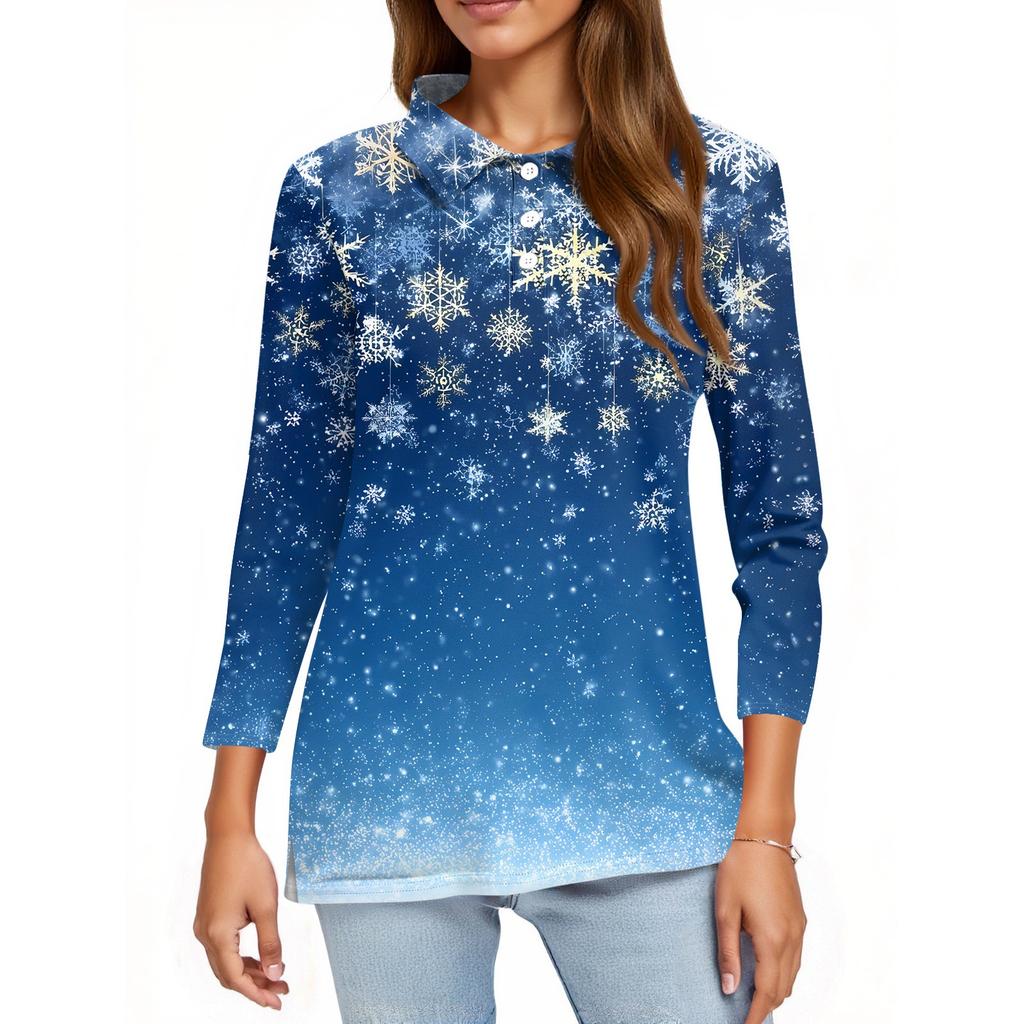 Women's Fashion Casual Lapel Short 3/4 Sleeve Christmas Print Shirt Women's Button Up Tops