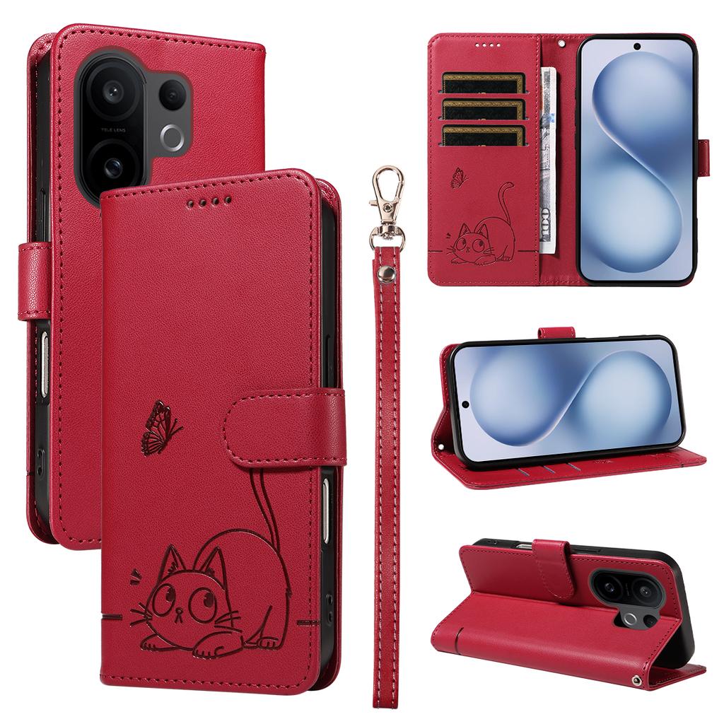 For vivo X200 FE 5G/vivo S30 Pro mini 5G Case Cat Pattern Imprint Leather Phone Cover with Wrist Strap