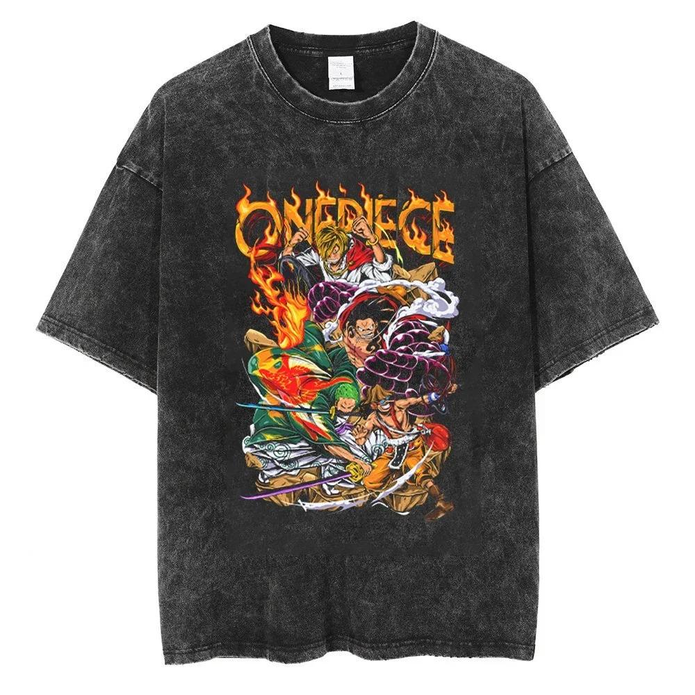 One Piece Gear 5 Луффи и Команда Соломенной Шляпы Арка Вано Винтажная Стиранная Оверсайз Футболка | Унисекс Уличная Одежда Аниме Футболка