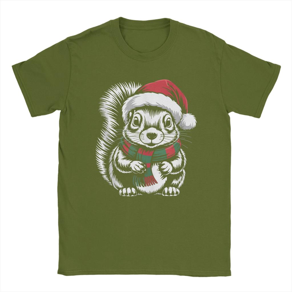 Leisure Squirrel Xmas Santa Hat Scarf Christmas T-Shirts for Men Crew Neck 100 Cotton T Shirts Short Sleeve Tees Plus Size Tops