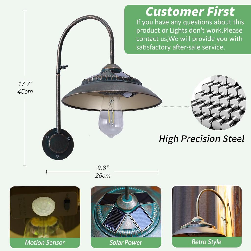Solar Gooseneck Lights Outdoor Waterproof - Motion Sensor Vintage Porch Light with Clear Glass LED Bulbs & 4 Solar Panels (Bronz