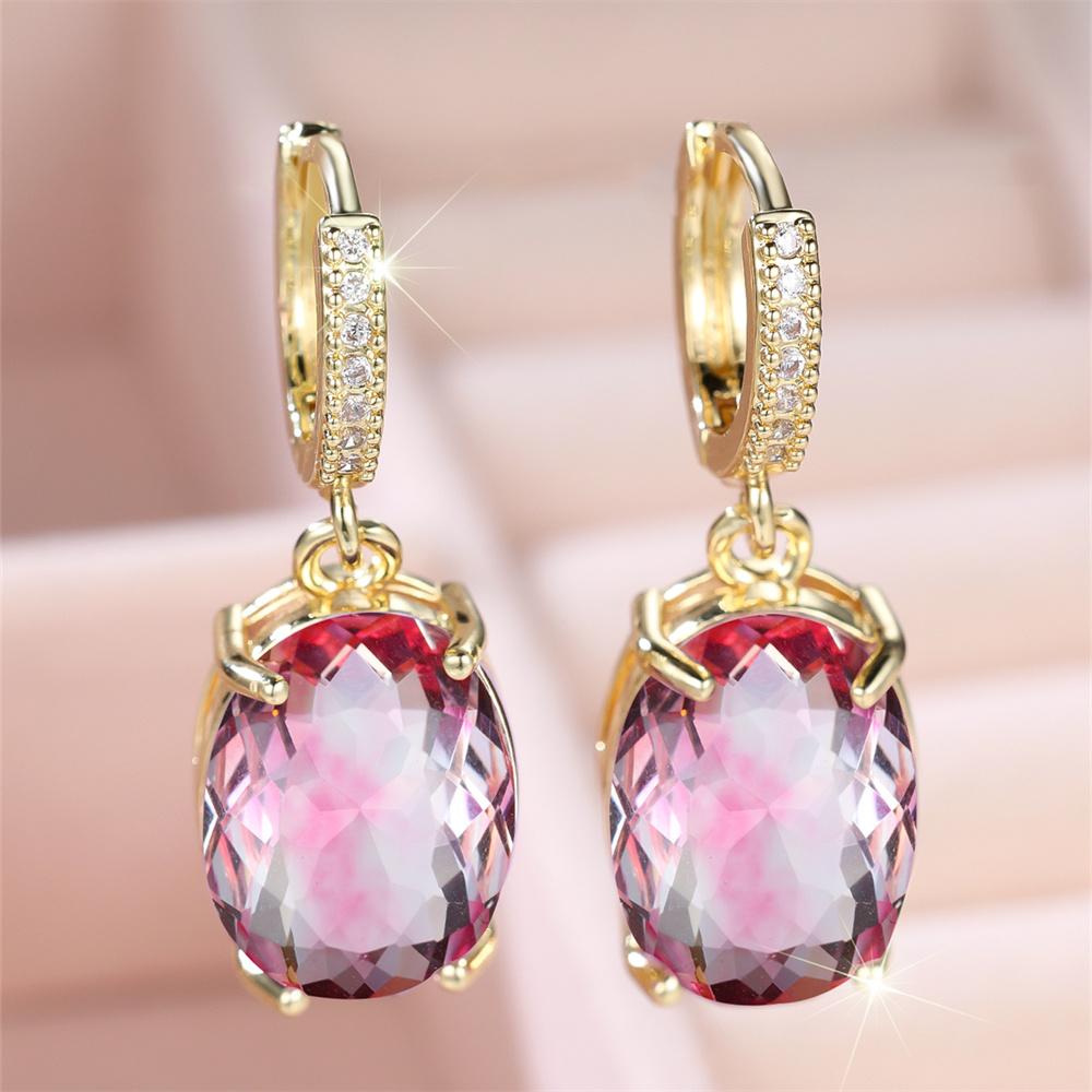 Purple Pink Oval Stone Aqua Blue Zircon Hoop Earrings For Women Vintage Gold Color Ear Buckle Wedding Jewelry Mother's Day Gifts