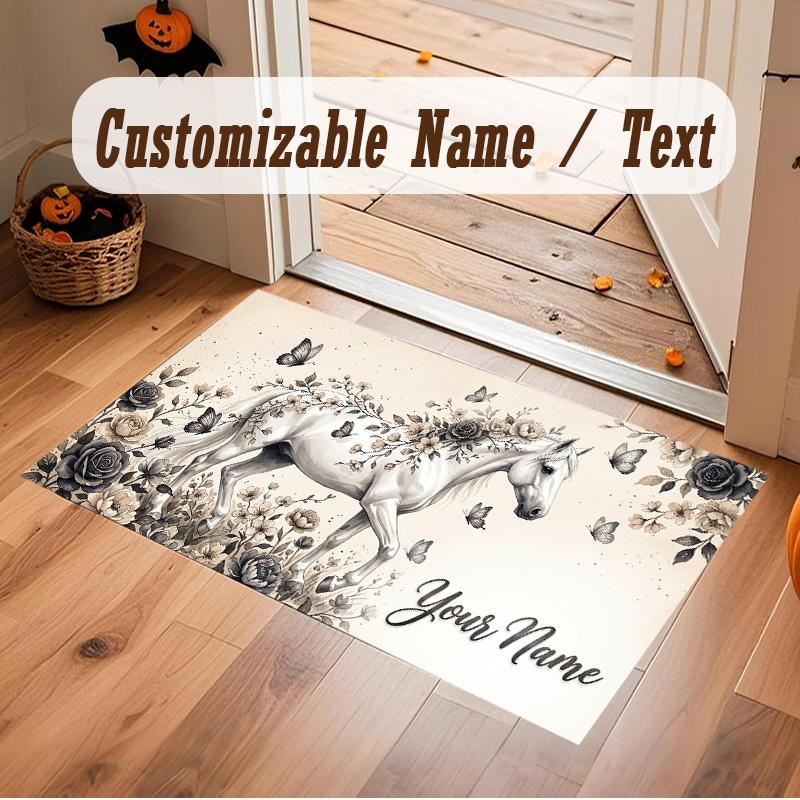 Horse Theme Soft Crystal Velvet Rug Custom Name & Text Print Non Slip Floor Rug for Bedroom Living Room