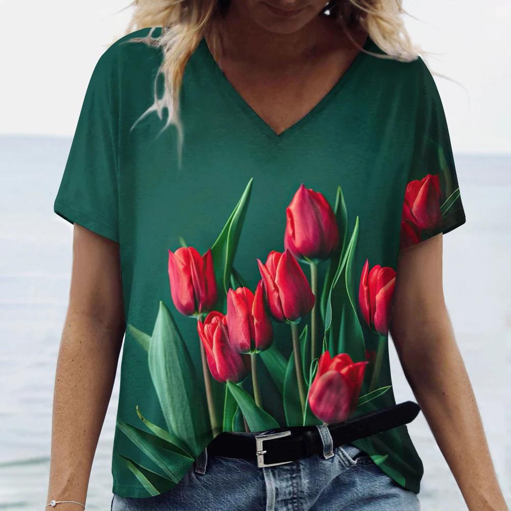 Beautiful Tulip Print 3D Printed Women's Artistic Style V-neck Short Sleeved T-shirt