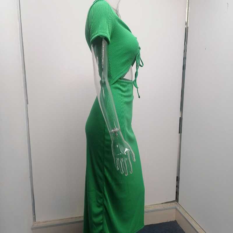 2022 Spring Summer Women's Fashion Knitted Dress Female Sexy Navel High Waist Slit Lace-up Pleated Dress Ladies Temperament Slim Long Dress
