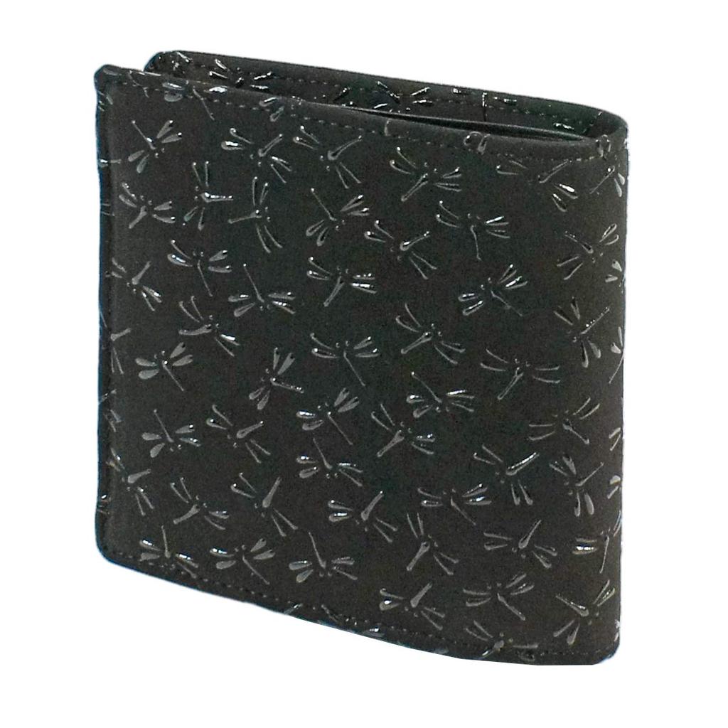 Inden Bifold Bill Compartment Box Type Coin Black Background X Black Dragonfly Pattern [Indenya] Wallet, S, Purse, Deerskin, Lacquer, 2008-01-008