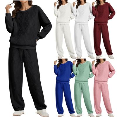 Женская мода однотонный топ с круглым вырезом и длинным рукавом, повседневные брюки с эластичной талией, свободный спортивный костюм из двух предметов