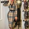 Spring Autumn Fashion Checkered V-neck, Body-hugging, Long-sleeved and Sexy Dress for Women