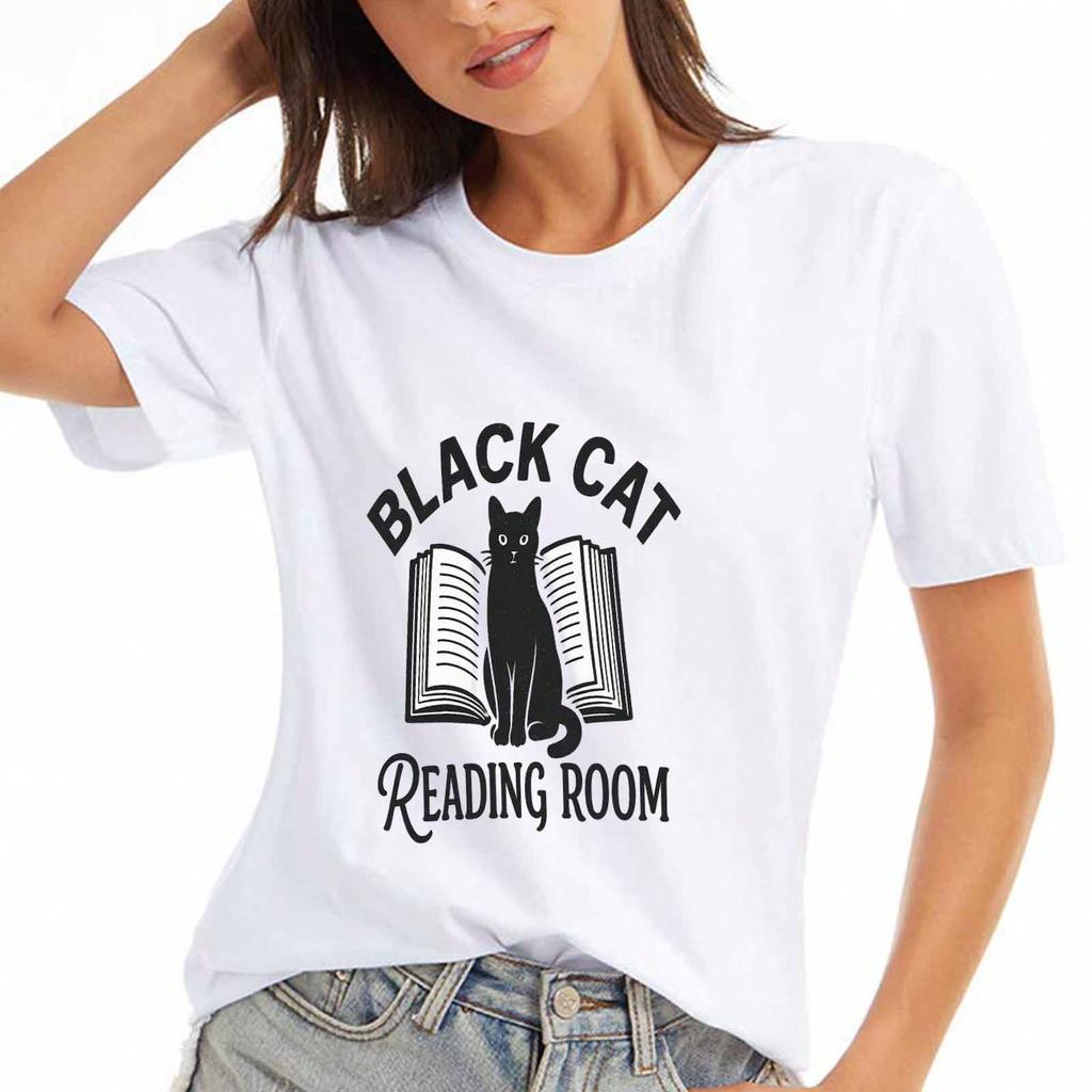 Black Cat Reading Room Wounisex Cotton T Shirt, Premium Cotton Quality Print, Durable, Casual Fashionable, Soft And Breathable Fabric, Comfortable And