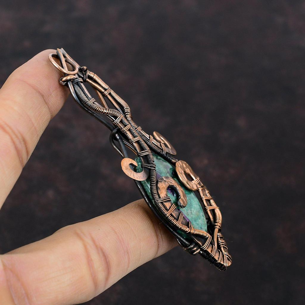 Кулон из рубина и фуксита, подвеска из медной проволоки, элегантный кулон, замечательные медные украшения ручной работы, оригинальный кулон из драгоценного камня, подарок для женщин