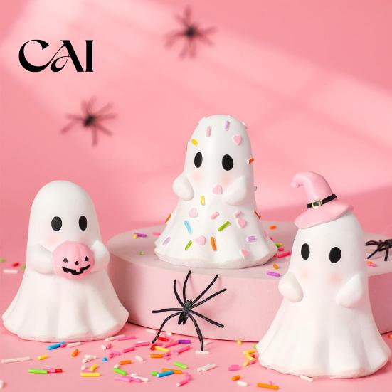 Witch Hat Ghost Figure Cute Halloween Resin Figurine, Candy Pumpkin Small Statue Desk Decor for Girls, Pink White Kawaii Tabletop Ornament Figurine