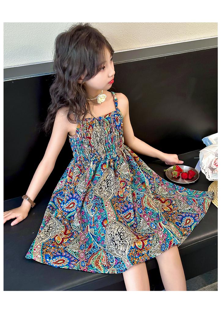 Girls' spaghetti strap dress, summer internet celebrity, girls' chiffon, children's clothing, floral princess beach dress, thin